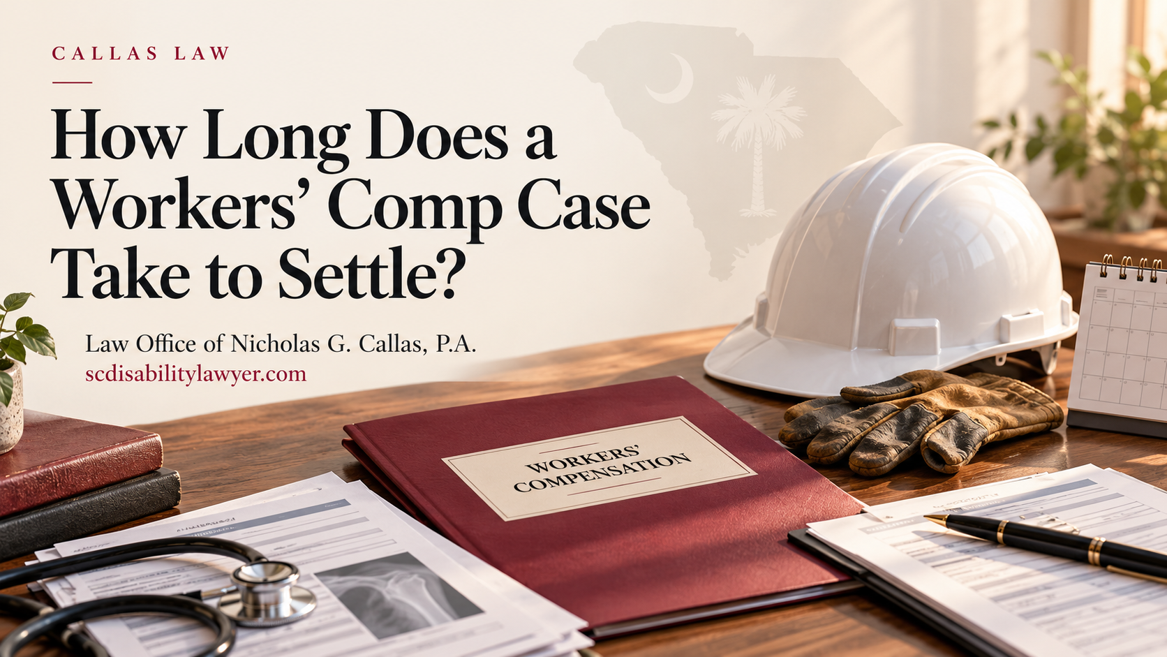 south-carolina-workers-comp-settlement-timeline Hard hat, work gloves, calendar, and workers’ compensation paperwork with Callas Law branding.